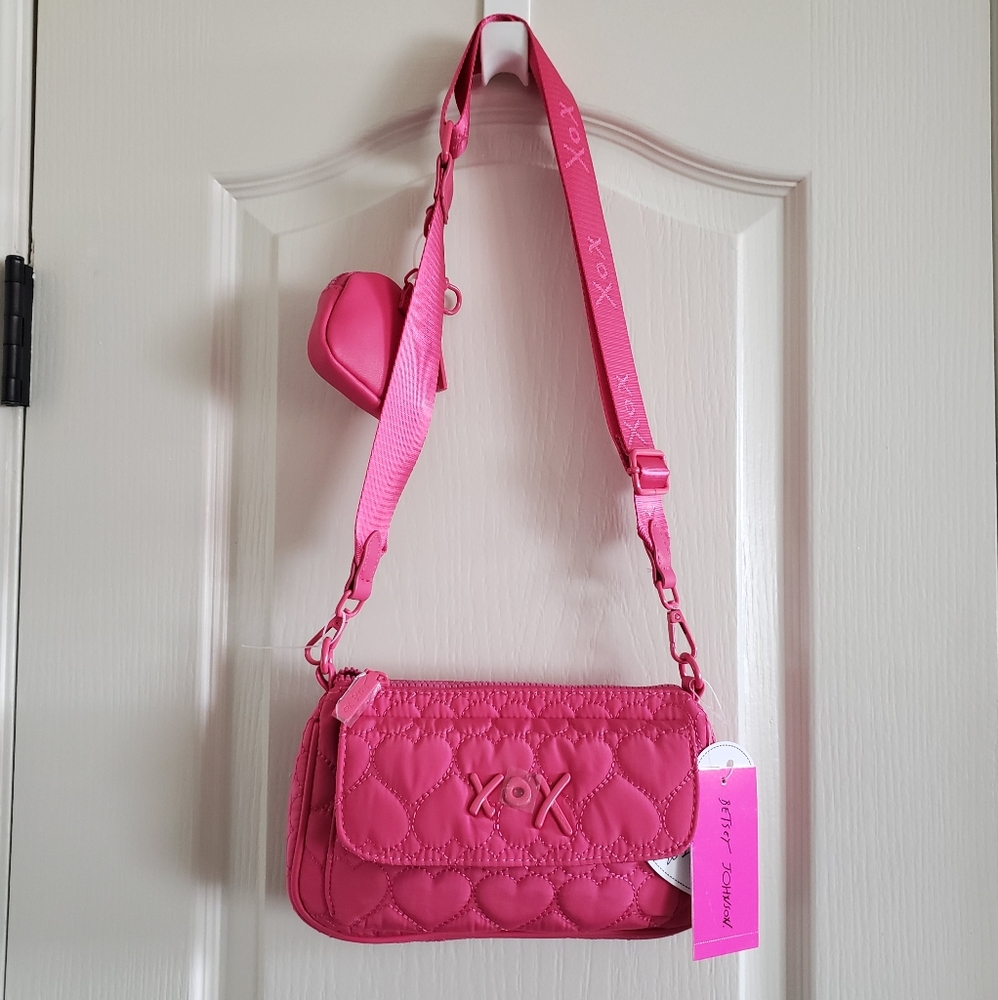 Betsey Johnson Heart Quilted Crossbody Fushia with Removable Pouch NWT